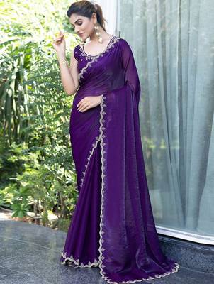 purple embellished beads and stones satin saree 4