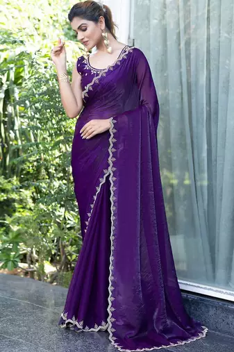purple embellished beads and stones satin saree
