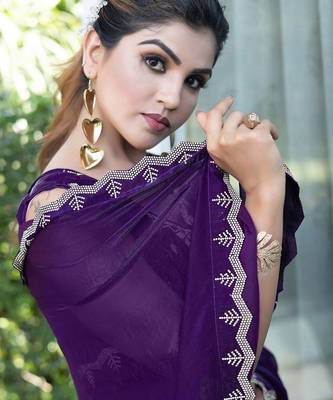 purple embellished beads and stones satin saree 5