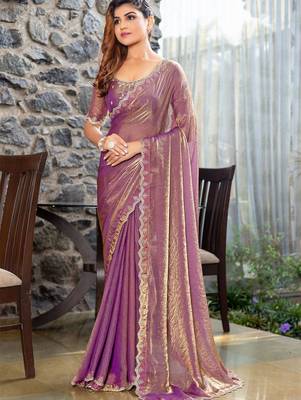 purple beads and stones satin saree 1