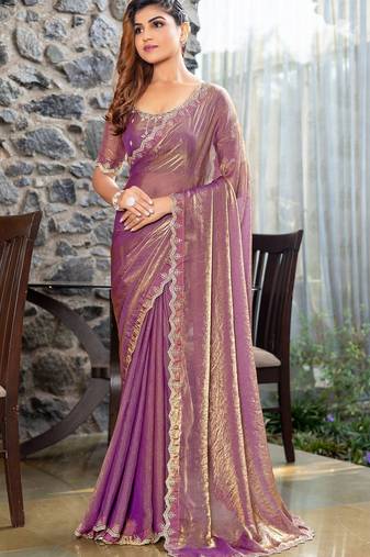 purple beads and stones satin saree