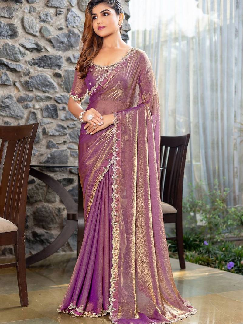 purple beads and stones satin saree