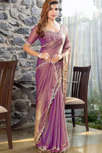 purple beads and stones satin saree