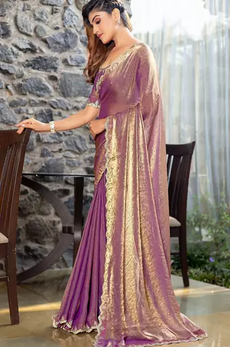 purple beads and stones satin saree