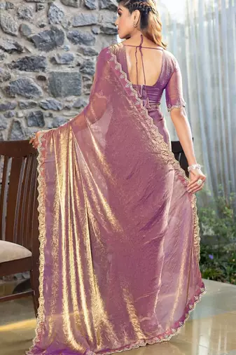 purple beads and stones satin saree