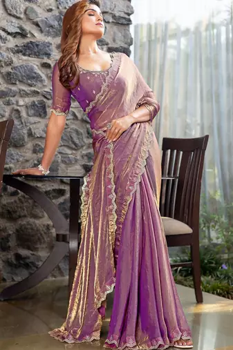 purple beads and stones satin saree