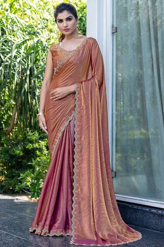 brown beads and stones satin saree