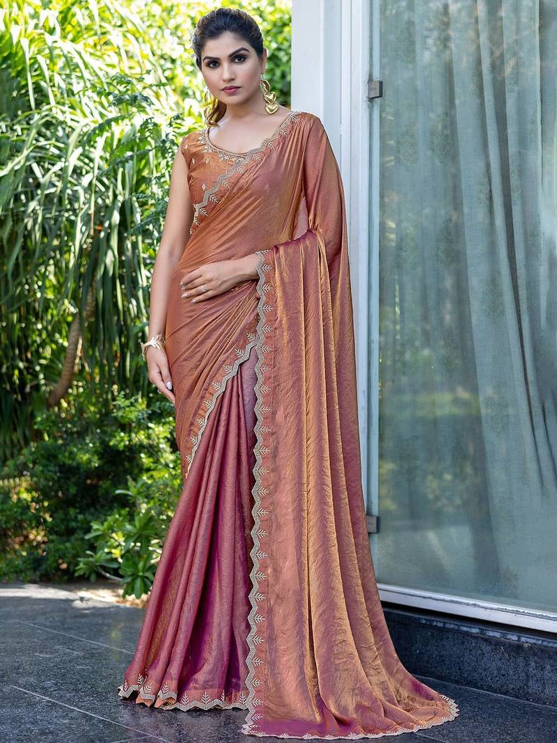 brown beads and stones satin saree