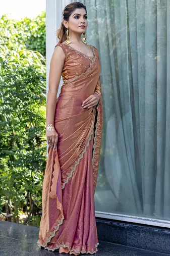 brown beads and stones satin saree