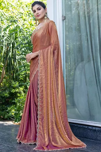 brown beads and stones satin saree