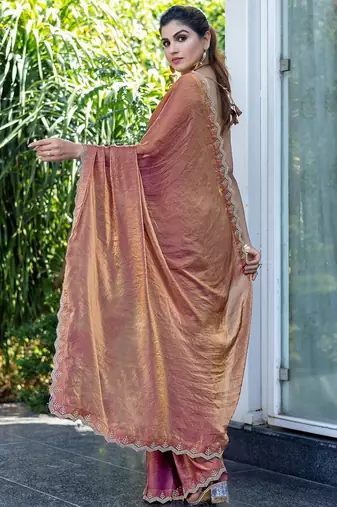 brown beads and stones satin saree