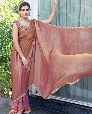 brown beads and stones satin saree 5
