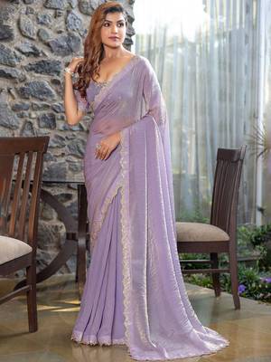 lavender embellished beads and stones satin saree 1