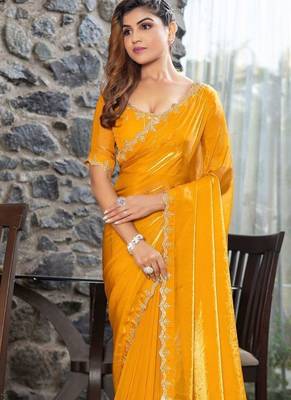 yellow beads and stones satin saree 1