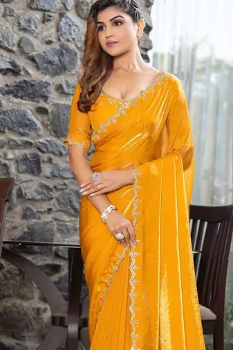 yellow beads and stones satin saree