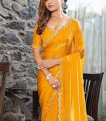 yellow beads and stones satin saree