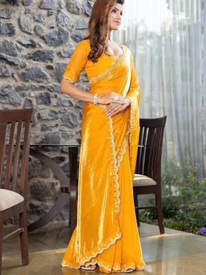 yellow beads and stones satin saree 2