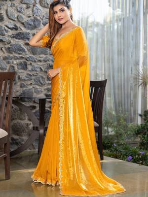 yellow beads and stones satin saree 3