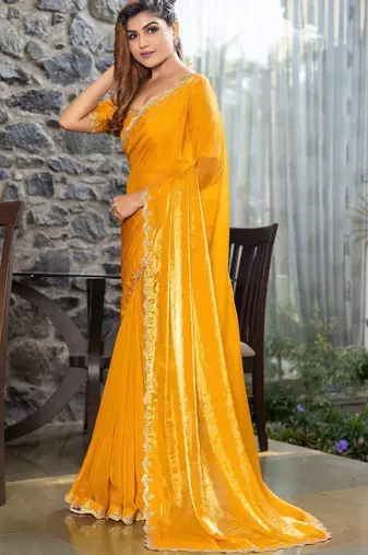 yellow beads and stones satin saree
