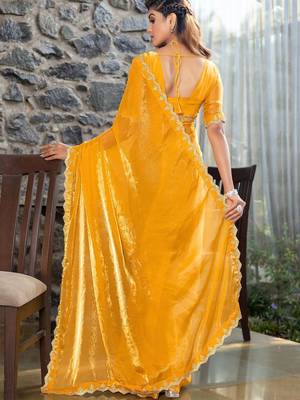 yellow beads and stones satin saree 4