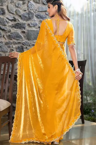 yellow beads and stones satin saree