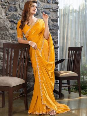 yellow beads and stones satin saree 5