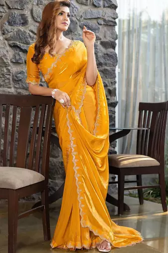 yellow beads and stones satin saree