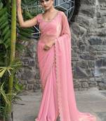 pink beads and stones embellished satin saree