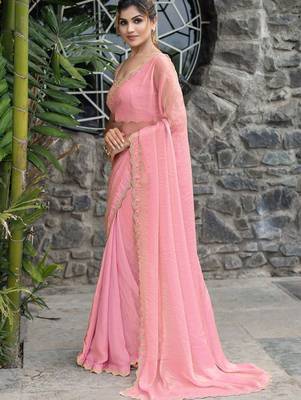 pink beads and stones embellished satin saree 3