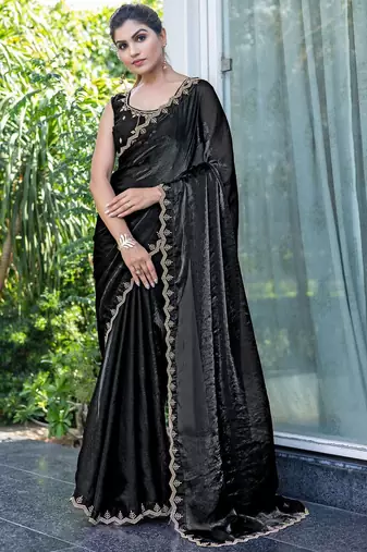 black beads and stones satin saree with blouse piece