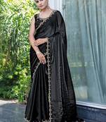 black beads and stones satin saree with blouse piece