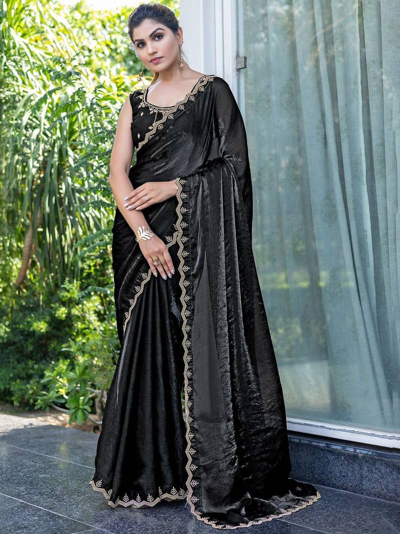 black beads and stones satin saree with blouse piece