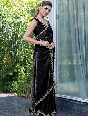 black beads and stones satin saree with blouse piece 2