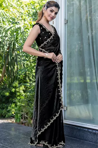 black beads and stones satin saree with blouse piece
