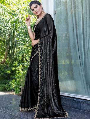 black beads and stones satin saree with blouse piece 3