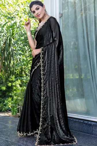 black beads and stones satin saree with blouse piece
