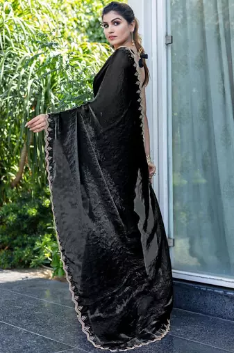 black beads and stones satin saree with blouse piece