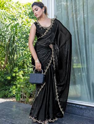 black beads and stones satin saree with blouse piece 5