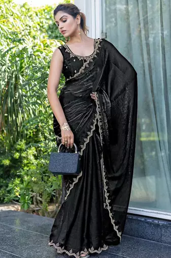 black beads and stones satin saree with blouse piece
