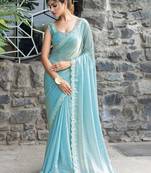 blue embellished beads and stones satin saree