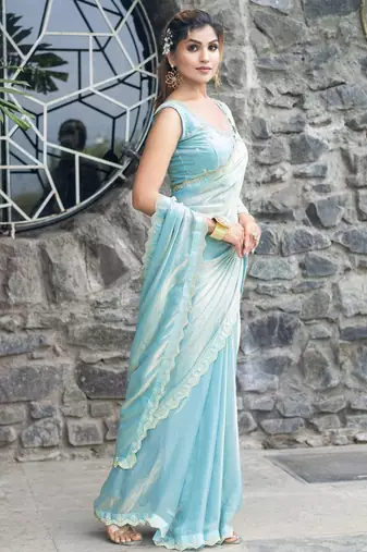blue embellished beads and stones satin saree