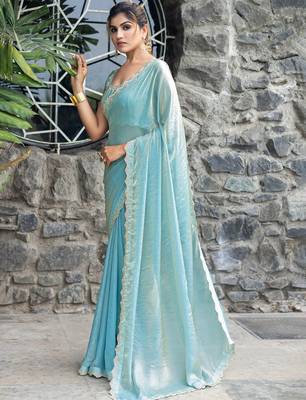 blue embellished beads and stones satin saree 3