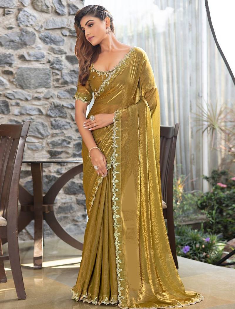 olive embellished beads & stones satin saree