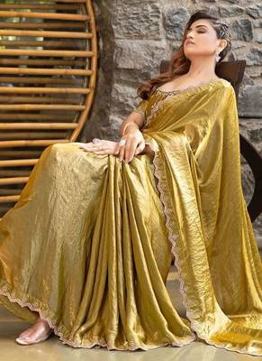 olive embellished beads & stones satin saree 5