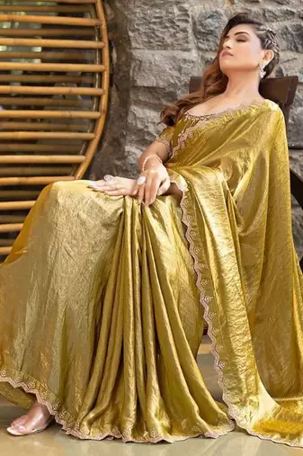 olive embellished beads & stones satin saree