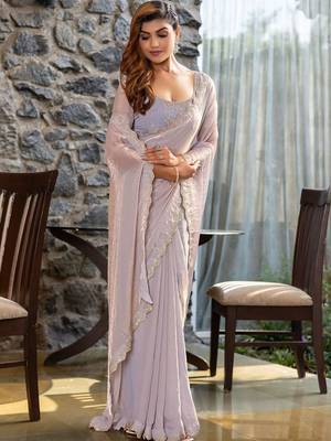 grey embellished beads and stones satin saree 1