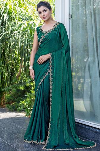 green beads and stones satin saree