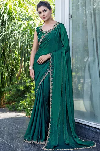 green beads and stones satin saree