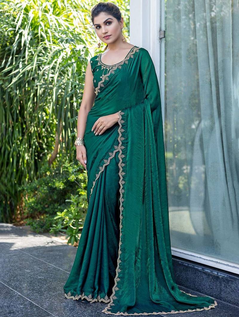 green beads and stones satin saree