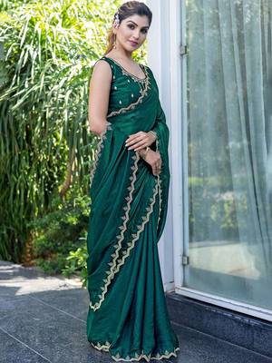 green beads and stones satin saree 2